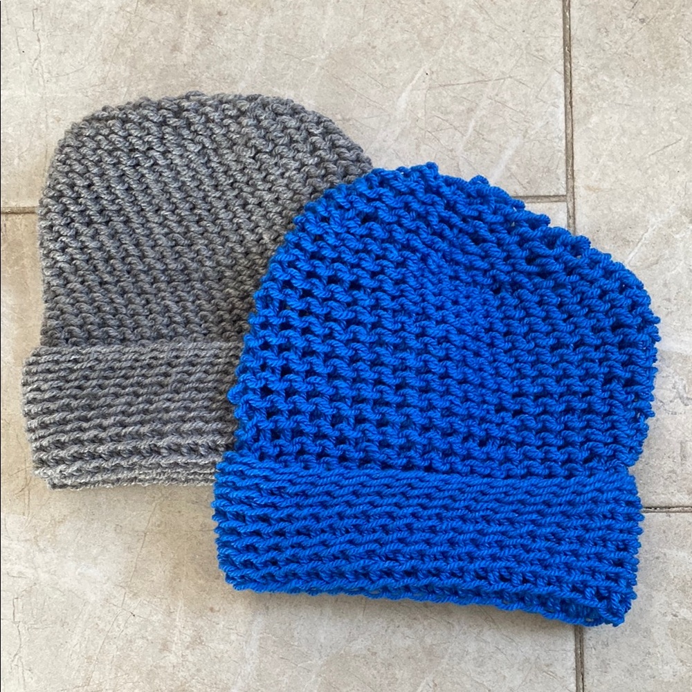 Set of 2 Handmade Crochet Beanie Hats Blue & Silvery Grey